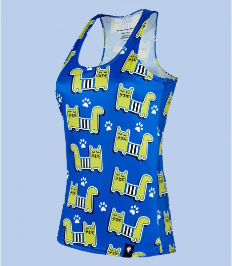 Camiseta running tirantes mujer gatos meow azul Hoopoe Running Apparel